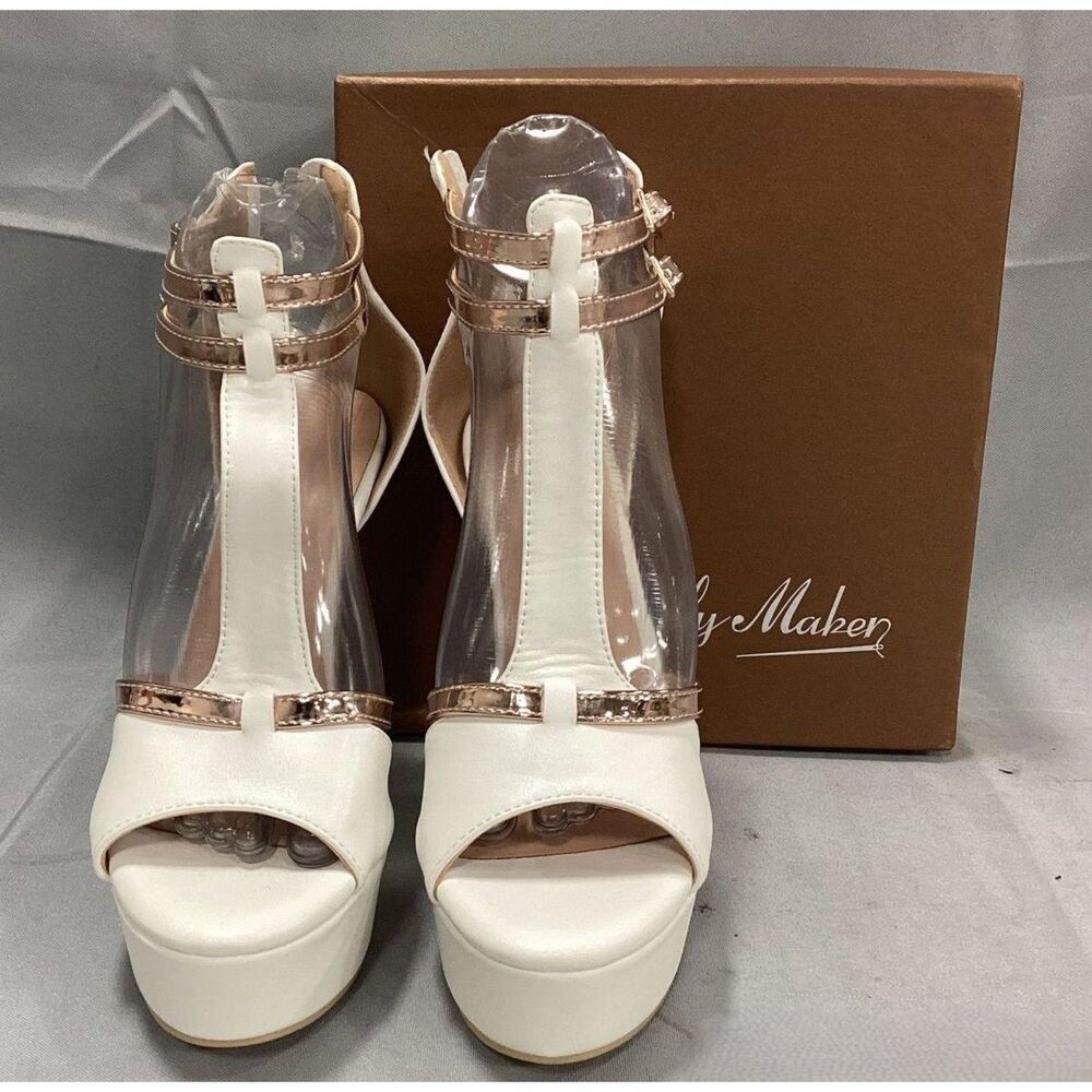 Only Maker White and Gold T-Strap Platform Stiletto Heels Size 5.5 w/ Box